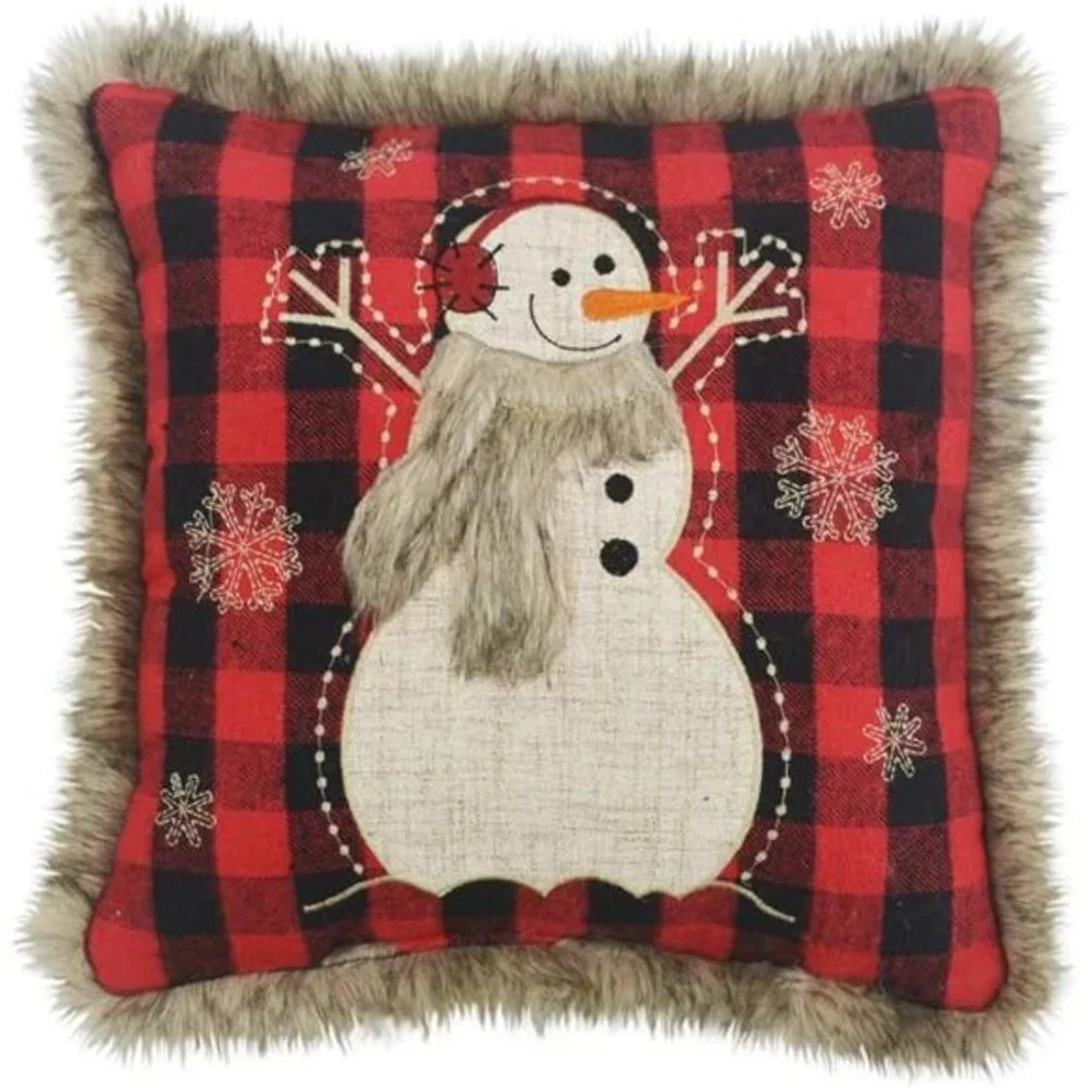 Snowman Christmas Pillow Holiday Accent Buffalo Plaid Farmhouse Cottage Decor